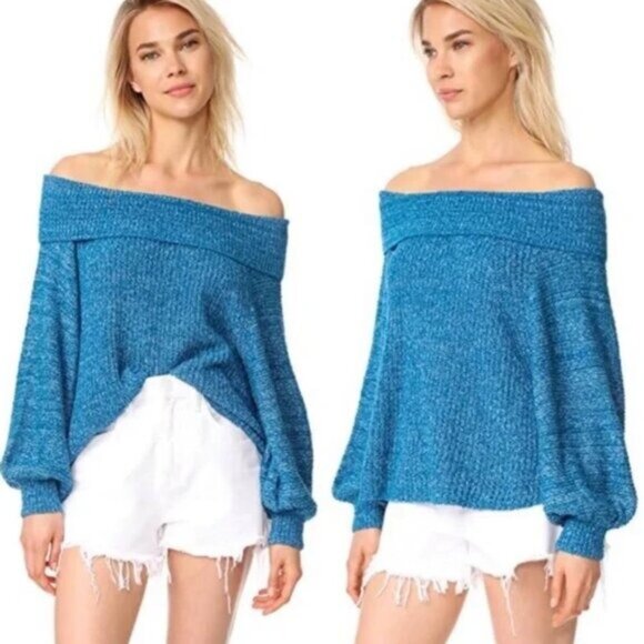 Free People | Edessa Off shoulder Balloon Sleeve Knit Sweater Blue - Picture 1 of 10